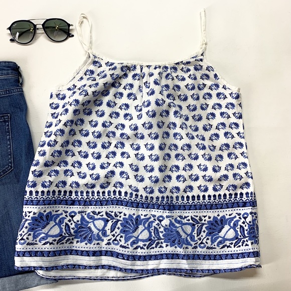 LOFT Linen Blend Floral Bohemian Blue Rose Polish Pottery Spaghetti Strap Tank - Picture 5 of 8